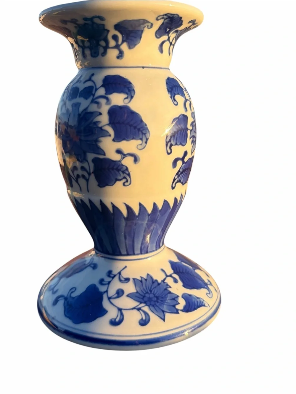 VINTAGE BLUE AND WHITE PORCELAIN PILLAR CANDLE HOLDER | CHINOISERIE FLORAL DESIG